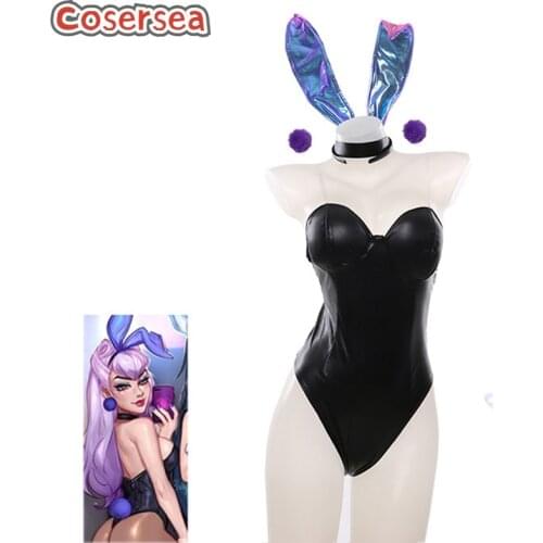 Cosersea LOL KDA ALL OUT Evelynn Bunnysuit Cosplay Costume Swimsuit Women Jumpsuit Headwear Arm Circle Fullset