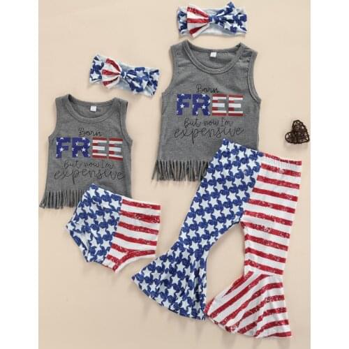 Independence Day Baby Clothes 3Pcs Summer Sisters Matching Outfits Tassels Tank Tops Pantie/Flared Pants Hairband for Girls