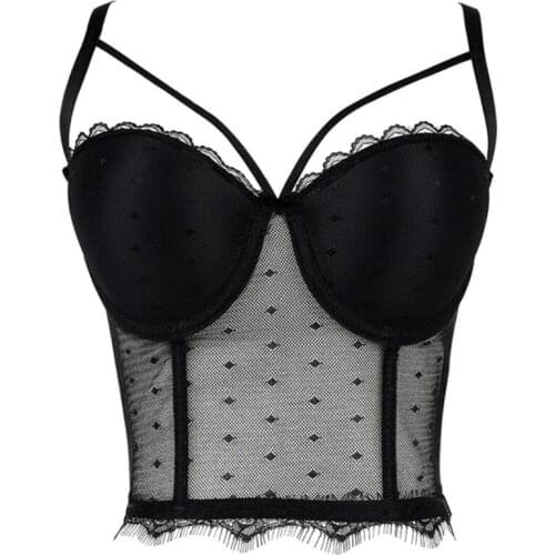 Women Sexy Spaghetti Strap Bustier Bra Sheer Polka Dot Mesh Eyelash Lace Trim Camisole Vest Club Party Boned Corset Tops