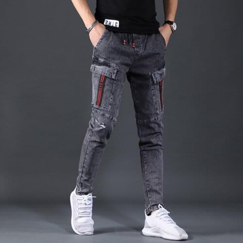 Summer Cargo Pants Stretch Jeans Mens Fashion Slim Fit Elastic Waist Korean Style Casual Dark Gray Denim Trousers