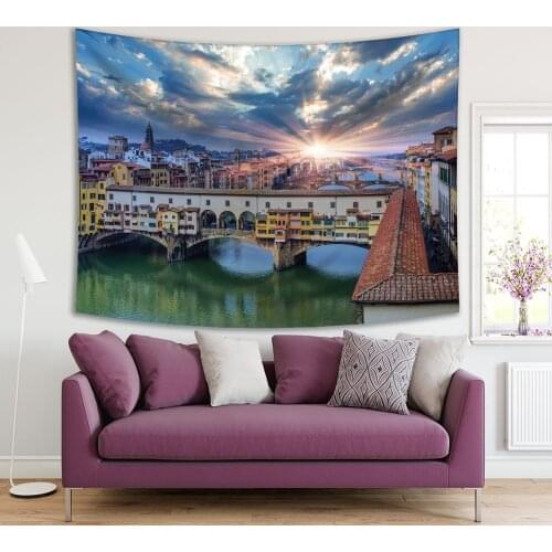Tapestry Bridge Ponte Vecchio in Florence, Italy at Sunrise Cloudy Sky Riverside Buildings City Panorama Blue Gray Green