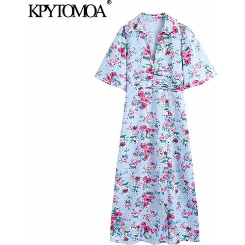 KPYTOMOA Women 2021 Fashion With Gathered Floral Print Slit Midi Dress Vintage Short Sleeve Side Zipper Female Dresses Vestidos