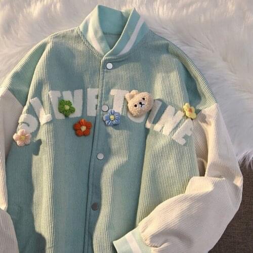 Bomber Jacket Women Baseball Uniform Korean Cartoon Pin College Style Loose Autumn Coat Harajuku Streetwear Vintage Clothing