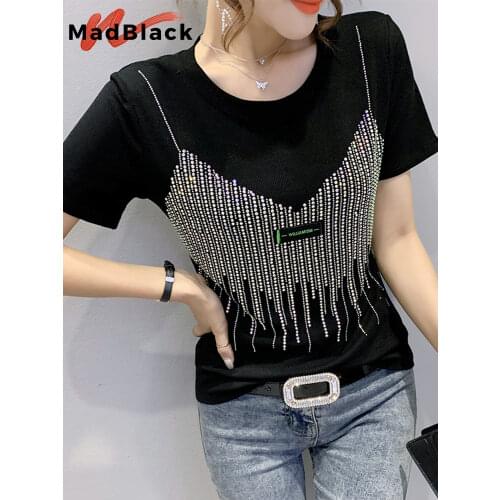 Summer European Clothes Cotton T-Shirt Fashion Sexy Fake Two Straps O-Neck Shiny Diamonds Women Tops Short Sleeve Tees T15236A