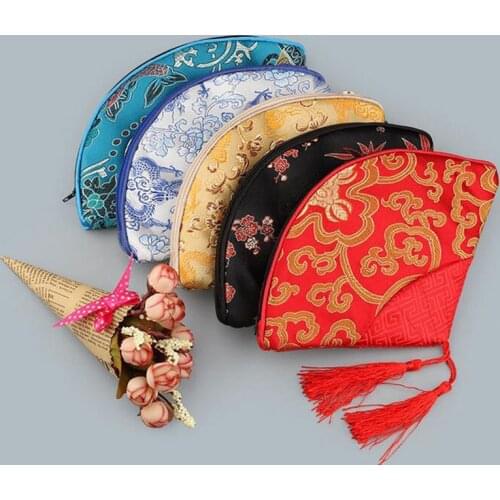 Patchwork Fan Shaped Zipper Cloth Bag Coin Purse Tassel Silk Brocade Jewelry Cosmetic Gift Packaging Pouch 50pcs ZA5686