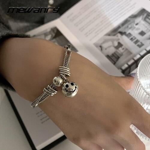 Mewanry 925 Sterling Silver Couples Bracelet Trend Punk Hip Hop Vintage Creative Bell Smiley Thick Chain Jewelry Gifts for Women