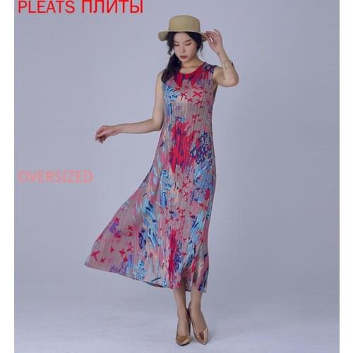 Miyake Folds Summer New Style Printed Large Size Sleeveless A-line Dress PLEATS Shein Vestido De Mujer Robes Robe Femme Vestidos