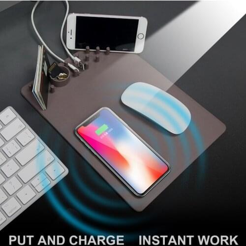 Multi-Fuctional Anti-Slip Wireless Charger Storage Mouse Pad Qi Wireless Charging Mouse Mat Phone Holder Stand with Ruler