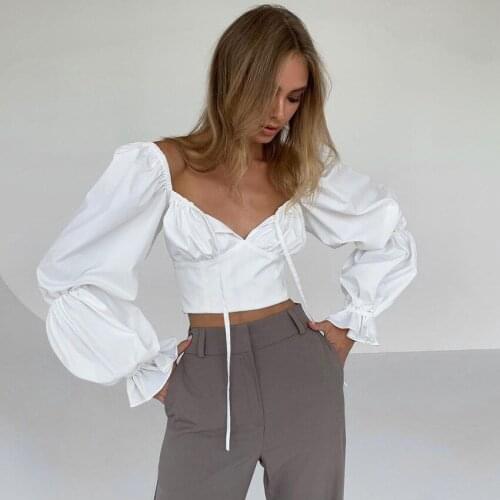 2021 Autumn New Long Sleeve White off-Shoulder Lace-up Sexy European and American T-shirt Navel Womens Elegant Wooden Ear