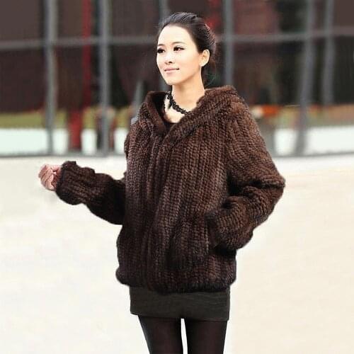 New mink fur coat womens long-sleeve fashion all-match Mink knit jacket mink knitted fur coat hood zipper plus size