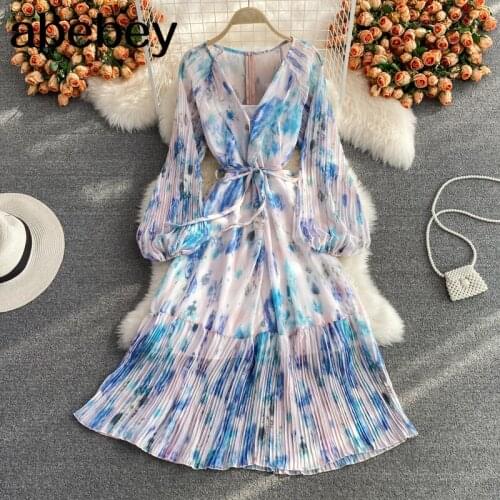 2021 New Spring Autumn Elegant V-Neck long sleeve Dress high waist lace up Tie Dyed print mid-long A-line big skirt Dress