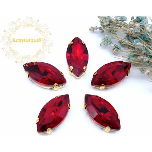 New product Horse eye Red Crystal Glass Sewing Rhinestones with gold Claw DIY Wedding Dresses
