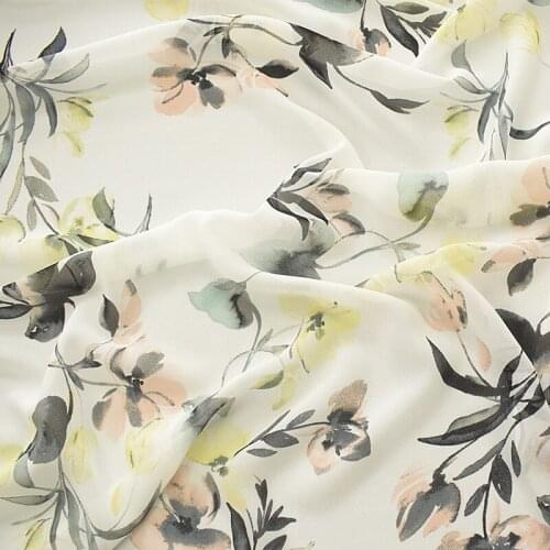 One meter High quality high viscosity Chiffon tissu White ink painting style printing tissus Soft clothing fabric