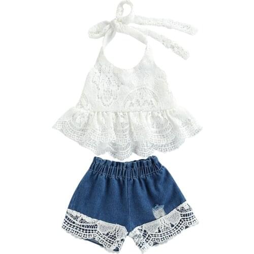 0-6Y Summer Lovely Kids Girls Clothes Sets 2pcs Lace Flowers Printed Sleeveless Belt Vest Tops Denim Shorts