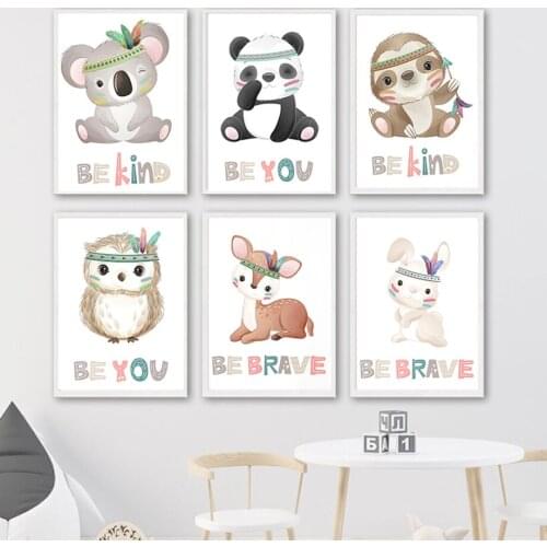 Panda Deer Owl Koala Bunny Feather Nursery Wall Art Canvas Painting Nordic Posters And Prints Wall Pictures Kids Baby Room Decor