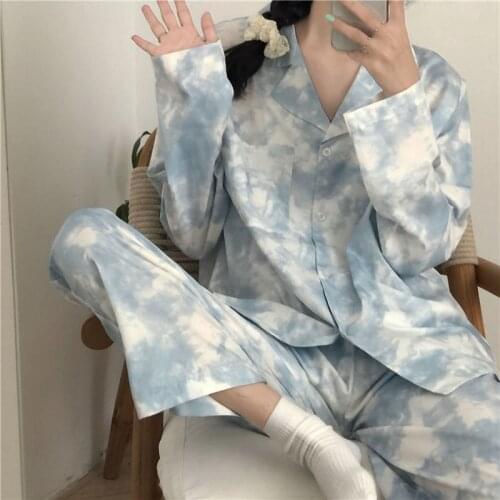 Autumn Pajamas Womens Long-sleeved Trousers Cardigan Korean Stylesweet Fresh Student Home Service Double Long Suit Tie-dye Blue