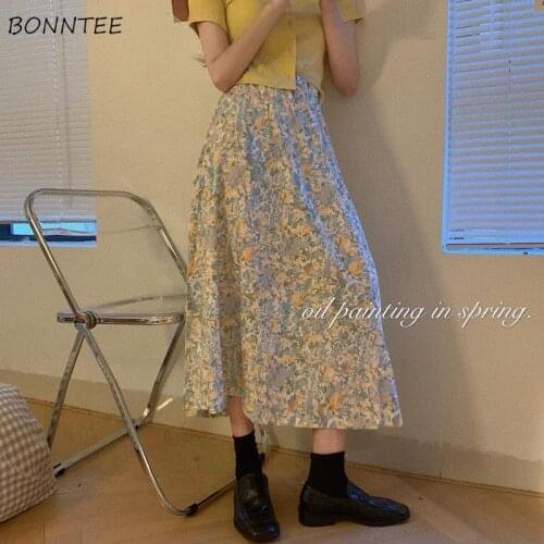 Retro Skirts Women Summer Chic Floral Ulzzang Lovely Empire All-match Simple Ladies Clothing Harauku Popular Thin Femme Faldas