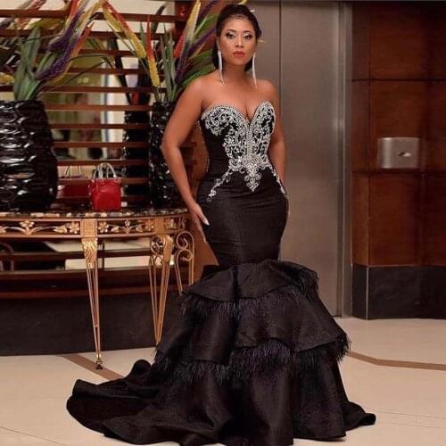 Plus Size Arabic Aso Ebi Black Mermaid Evening Dresses Sweetheart Feather Formal Gown Satin Crystals Reception Wear