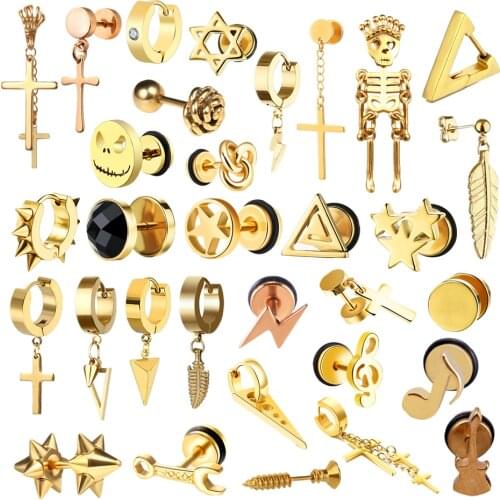 Punk Gold Color Stainless Steel Stud Earrings For Women Men Small Skeleton Chain Cross Lightning Pendant Ear Jewelry Earrings
