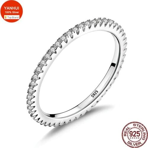 YANHUI Genuine 925 Sterling Silver VVS White Topaz Wedding Rings for Women Minimalist Thin Circle Gem Rings Jewelry Carving S925