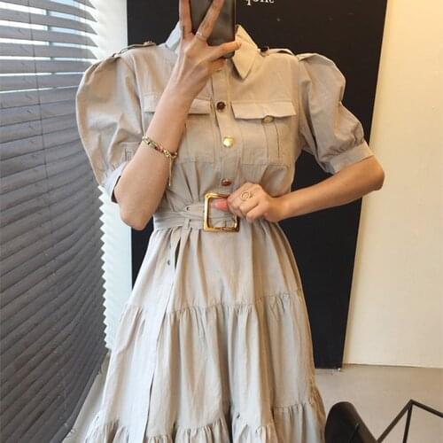 Womens dress 2021 new retro temperament lapel single-breasted belt waist puff sleeve tooling dress female