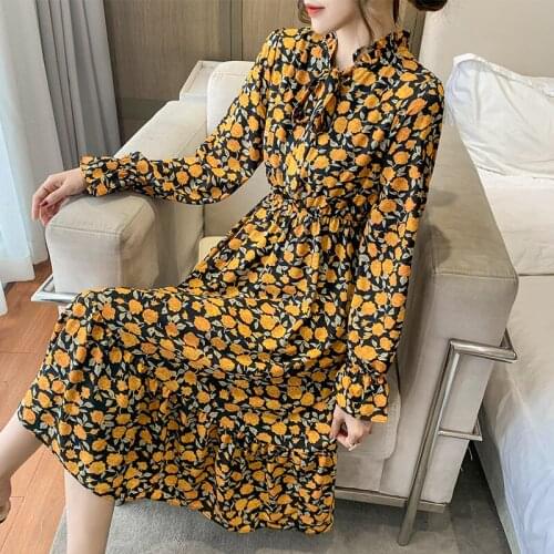 Dress for Women 2021 Autumn and Winter Korean Long Sleeve Floral Chiffon Dress Bow Pleated Bottoming Dresses Flare Sleeve 1204