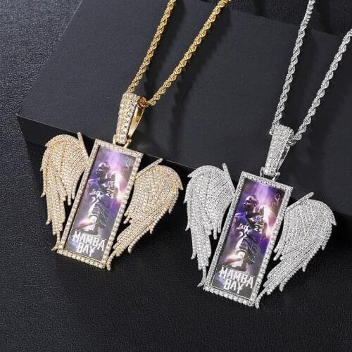 1 Hip Hop Jewelry Wing Square Custom Photo Memory Iced Bling AAA Cubic Zircon Personalized Necklace & Pendant for Men and Women