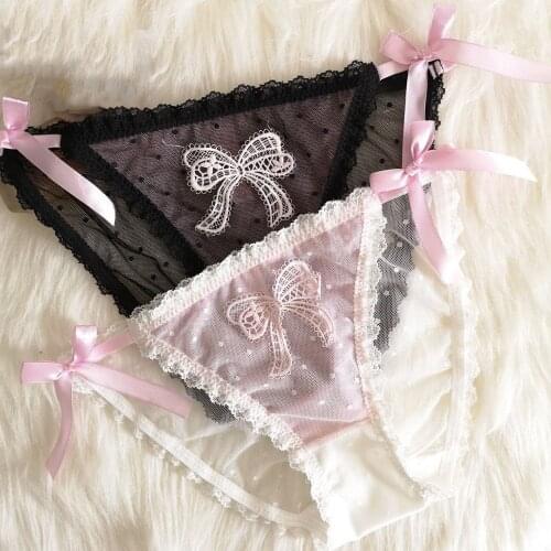2021 Women Bow Underwear Kawaii Lolita Seamless Panties Lace Low-waist Bandage Briefs Transparent Sexy Lingerie Student Girls