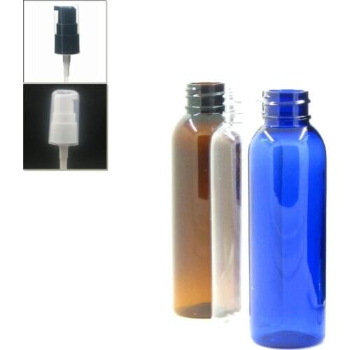 60ml empty cosmo round plastic bottle, clear/blue/amber pet bottle with black/white treatment pump lotion head X5