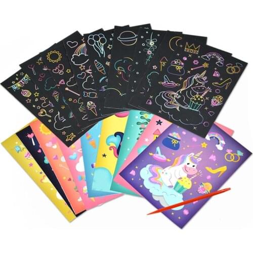 9Pcs Kids DIY Educational Toys Magic Rainbow Color Scratch Art Painting Paper Card Kit Cartoon Dinosaur Unicorn Drawing Board