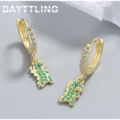 BAYTTLING 925 Sterling Silver 25MM Charm Green Dinosaur Pendant Earrings For Women Fashion CZ Zircon Jewelry Gift