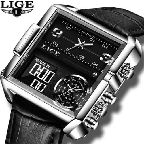 LIGE Original Watch Men Top Brand Luxury Rectangle Quartz Military Watches Waterproof Luminous Leather Wristwatch Men Clock+Box