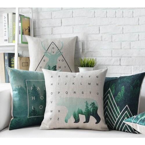 Nordic Style Decorative Throw Pillows Case Deer Green Geometric Cushion Cover Home Decor Couch Linen Pillowcase for sofa 45x45cm