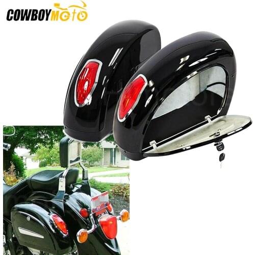 Black Hard Saddle Bag Trunk Luggage w/ Lights Mount Bracket Motorcycle Universal For Harley Honda Yamaha SUZUKI Kawasaki Cruiser