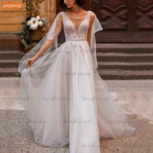 Elegant Boho Wedding Gowns White 2021 Hochzeitskleid A Line Tulle Lace Appliqued Vestido De Casamento Custom Made Bridal Dresses