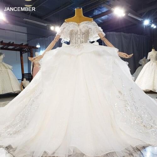 HTL2116 Short Sleeve Luxurious V-Neck Crystal Beading Sequined Wedding Dress 2021 For Woman Ball Gowns