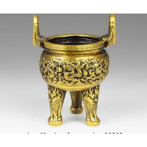 Chinese Dynasty Brass Copper Dragon Bead Ding Zun Incense Burner Censer Tripod