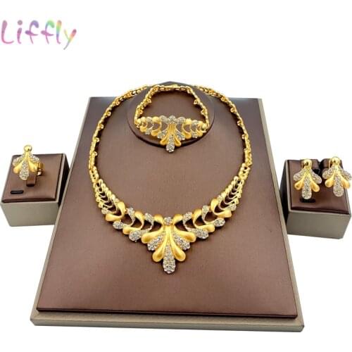 Liffly Dubai Gold Jewelry Sets Party Women Necklace Bracelet Earrings Ring Crystal Jewelry Wedding Bridal Fashion Jewelry Set