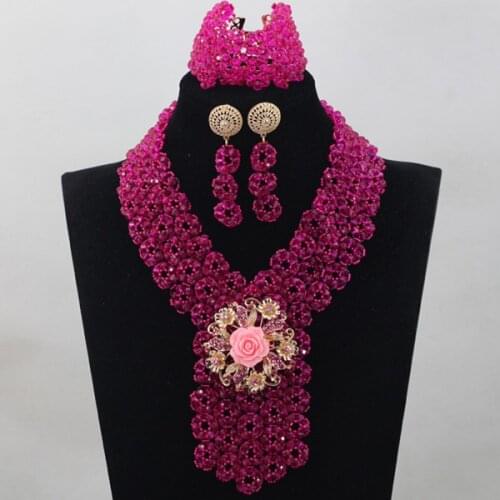 Trendy Fuchsia Pink Crystal Beads Jewelry Set African Jewelry Sets Wedding Elegant Nigerian Wedding Beads Free ShippingABH075