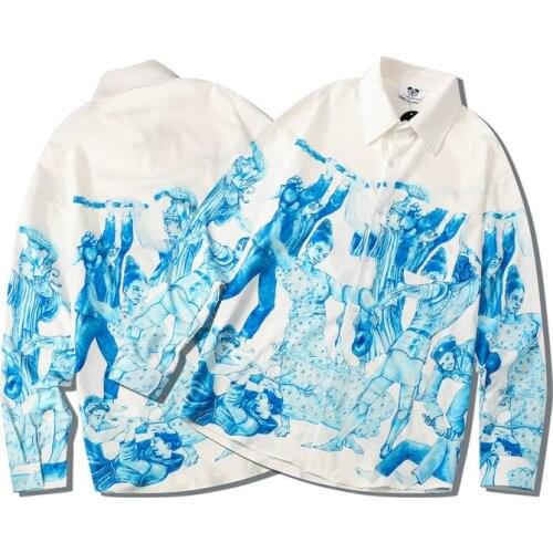 Aumtumn Mens Nightclub Party Shirts Blue White 3D Printed Regular Fit Beach Hawaiian Button Down Pocket Prom Unisex Dress Shirt