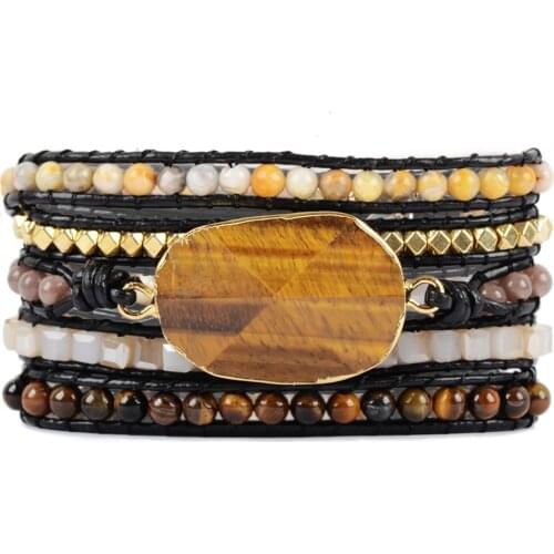 Tiger Eye 5 Strands Wrap Bracelets Handmade Bohemian Gems Stone Leather Bracelet For Men Vintage braid Bracelet Dropshipping