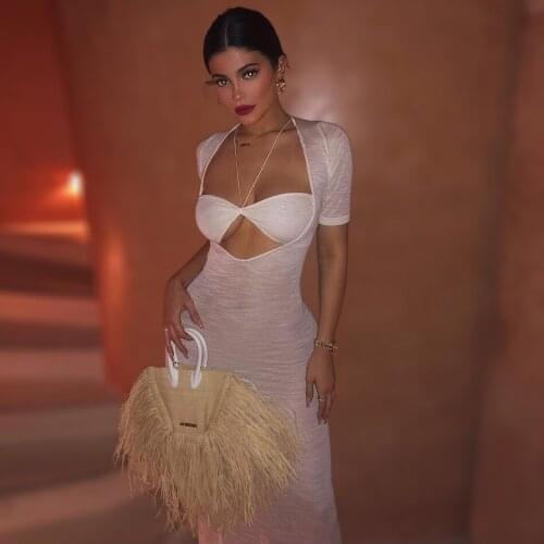 Kylie Jenner Black Ecru La Piana Longue Dress Semi- Transparent Deep Plunge Neckline Maxi