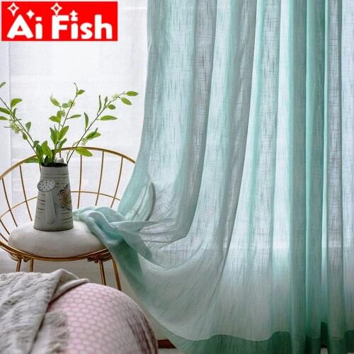Modern Mint Green Hemp Slub Sheer Window Screen Tulle For Living Room Beige Kitchen Tulle Dedicated Yarn Curtains Panel MY135-40