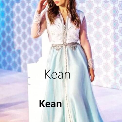 Light Blue Moroccan Kaftan Evening Dress Tulle Sleeve Custom Vestido de Renda Groom Mother Formal Party Dress Plus Size