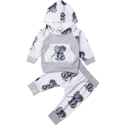 Newborn Baby Boys Elephant Tops Hooded Sweatshirt Long Pants Outfits Infant Baby Boys Girls Sport Casual Clothes Set
