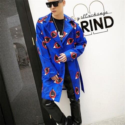 Mens trench coats man mid-length coat men personality printed blue clothes overcoat long sleeve singer stage kurtki b679