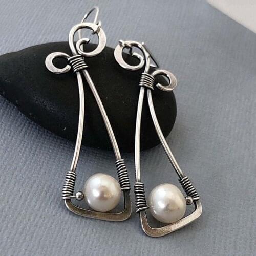 Vintage Silver Color Metal Spiral White Pearl Earrings Indian Tribal Hollow Triangle Swirl Long Dangle Earring for Women