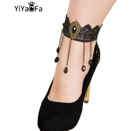 YiYaoFa Handmade Gothic Jewelry Vintage Black Lace Tassel Anklets for Women Accessories Lady Foot Jewelry LA-55