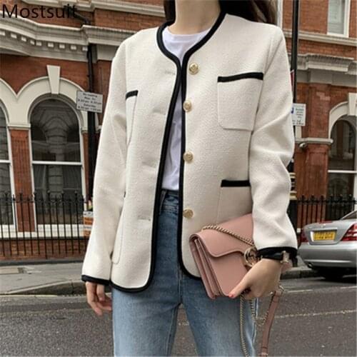 Korean Vintage Women Coats Jackets 2021 Spring Full Sleeve Single-breasted Pockets Elegant Fashion Ladies Tops Femme