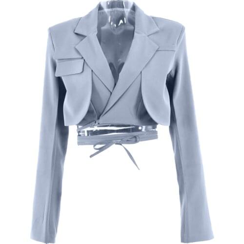 Women Suit Jacket Solid Color Tailored Collar Long Sleeves Bandage Short Coat for Ladies White/Pink/Light Gray